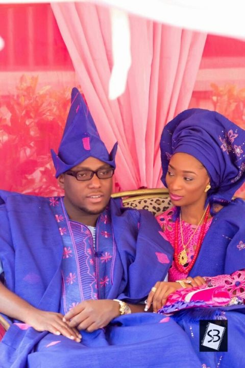 blue and pink Yoruba traditional wedding attire image